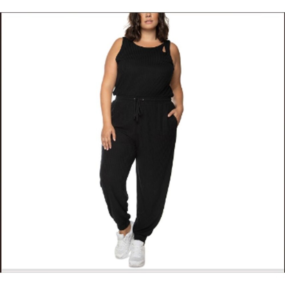 Black Tape Womens Sz 2X Cutout Tie Waist Ribbed Sleeveless Jumpsuit Black Jogger